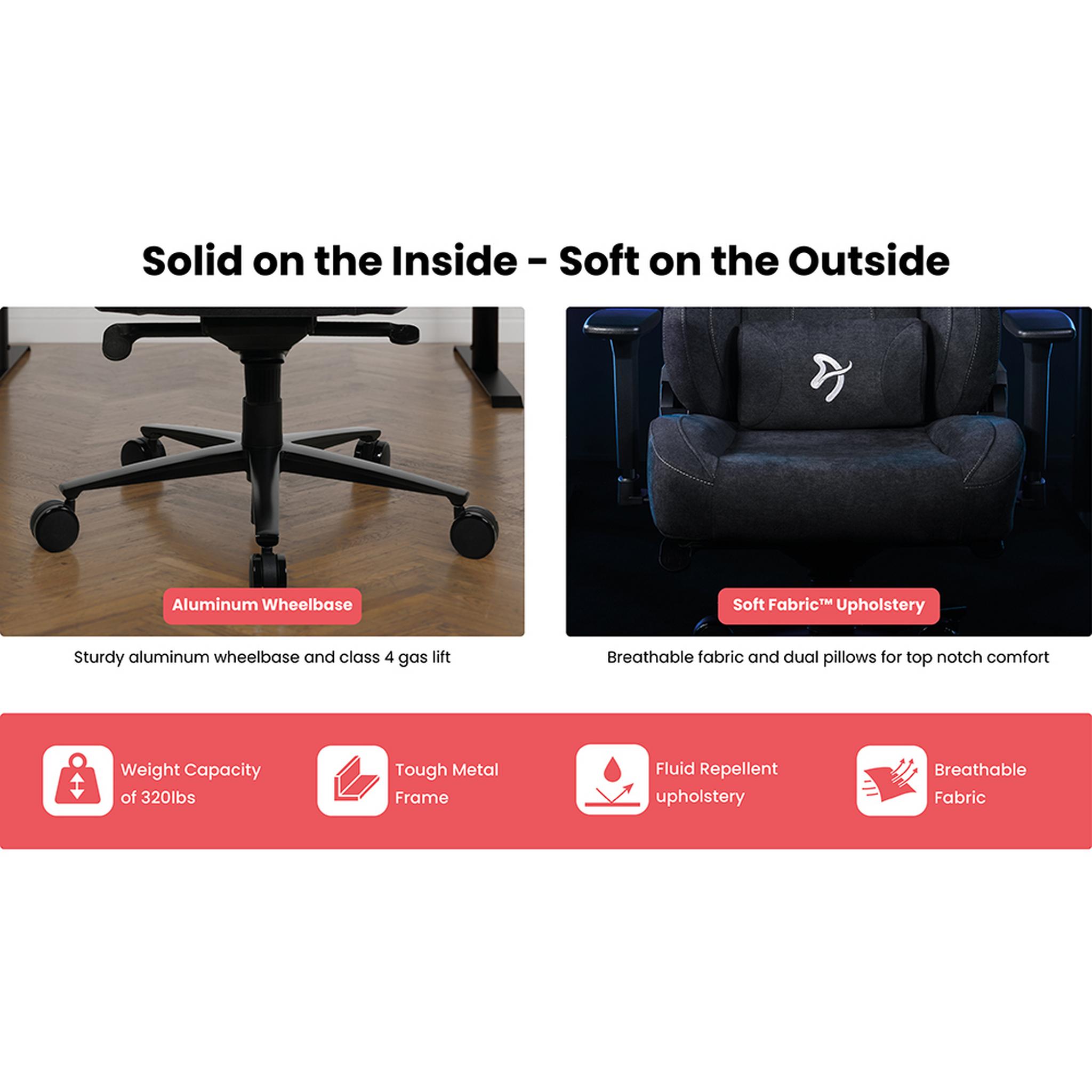 Two-card feature highlights showing aluminum wheelbase and upholstery