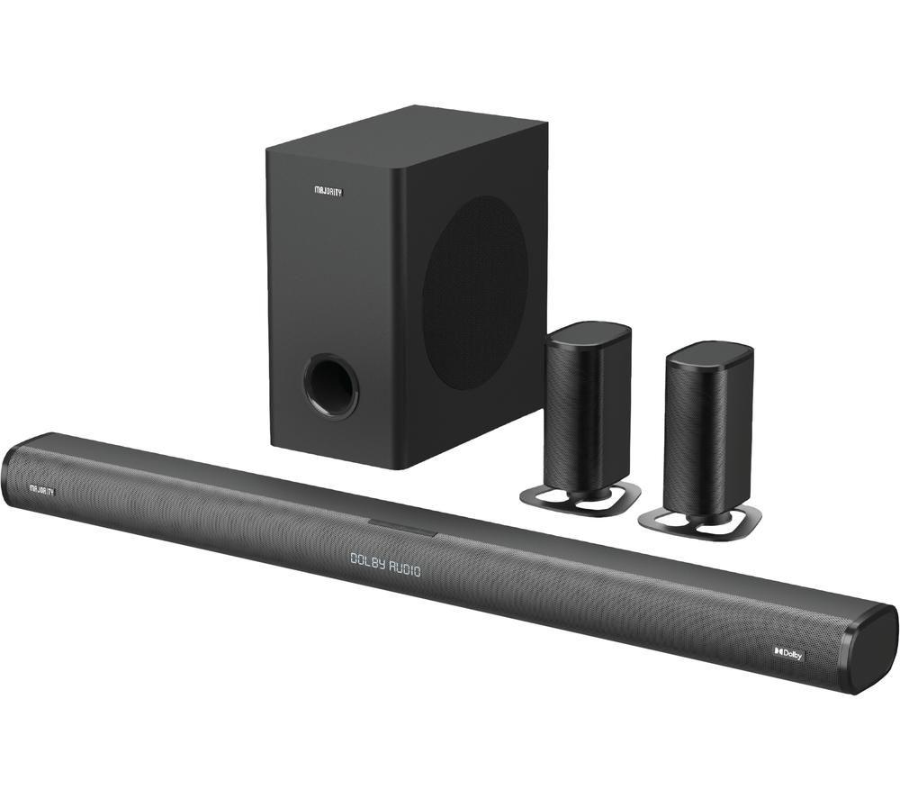MAJORITY Everest | Bluetooth 5.1 Surround Sound System | 3D Dolby Audio Soundbar, Wireless Subwoofer and Detachable Satellite Speakers | 300W Home Cinema Sound Bar with Optical, AUX & HDMI ARC Input