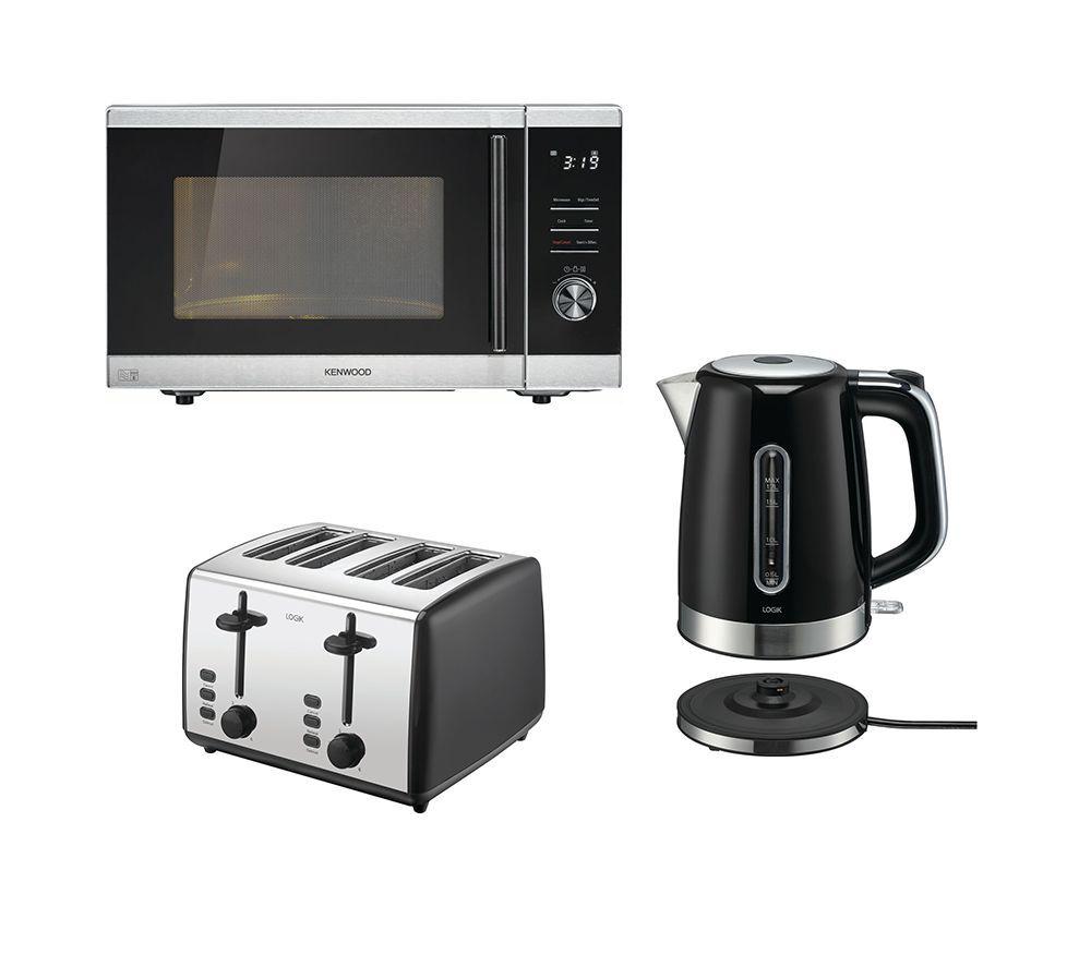 Kenwood K25MSS21 Solo Microwave, Logik 4-Slice Toaster & Kettle Bundle - Black & Silver