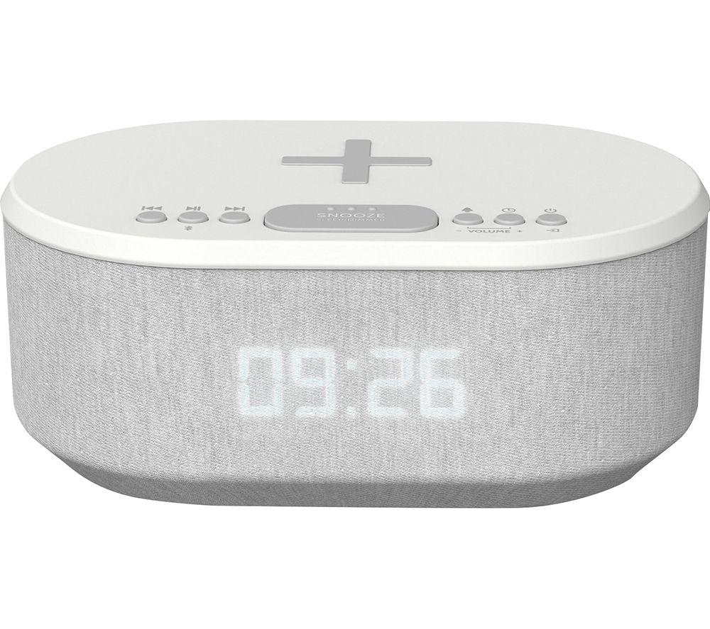 i-box Bedside Alarm Clock Radio Non Ticking with USB Charger, Bluetooth Speaker, QI Wireless Charging & Dimmable LED Display - Mains Powered & Amazon Basics AA Rechargeable Batteries - Pack of 8