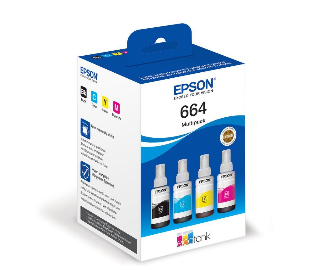 Epson 664 Ecotank Cyan, Magenta, Yellow & Black Ink Bottles, Black,Cyan,Tri-Colour,Magenta,Yellow