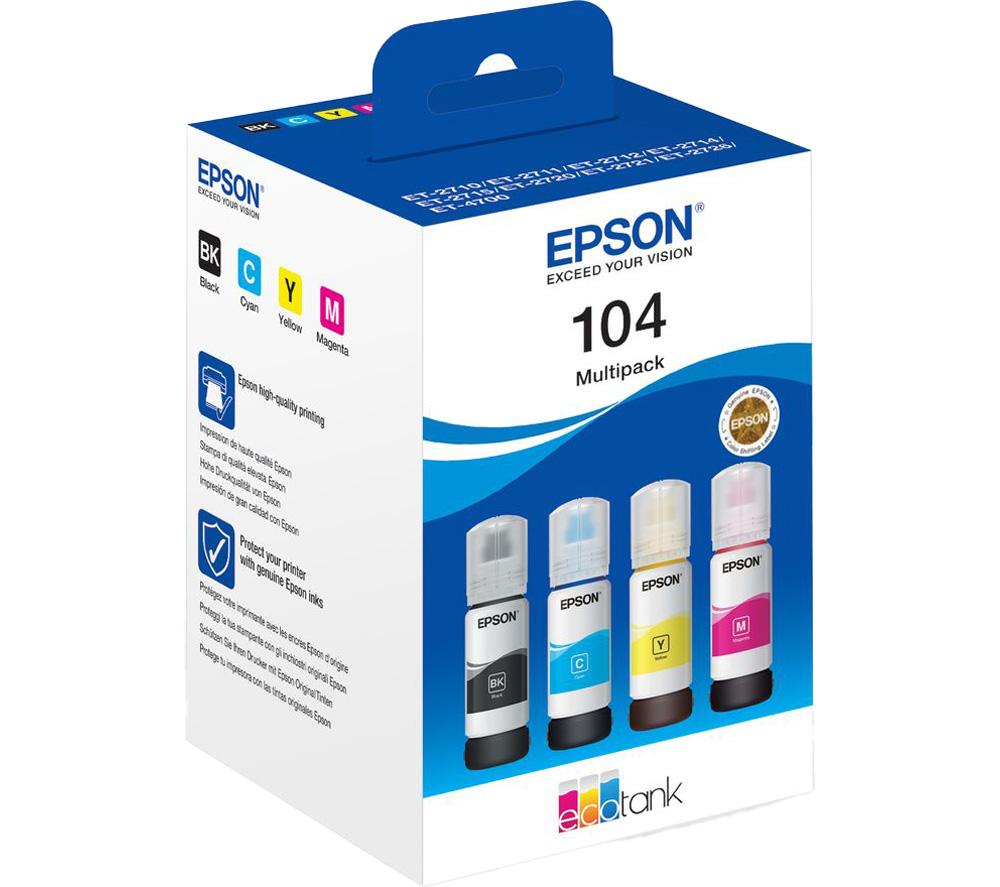 EPSON 104 EcoTank Black, Cyan, Magenta & Yellow Ink Bottles, Black,Yellow,Cyan,Magenta