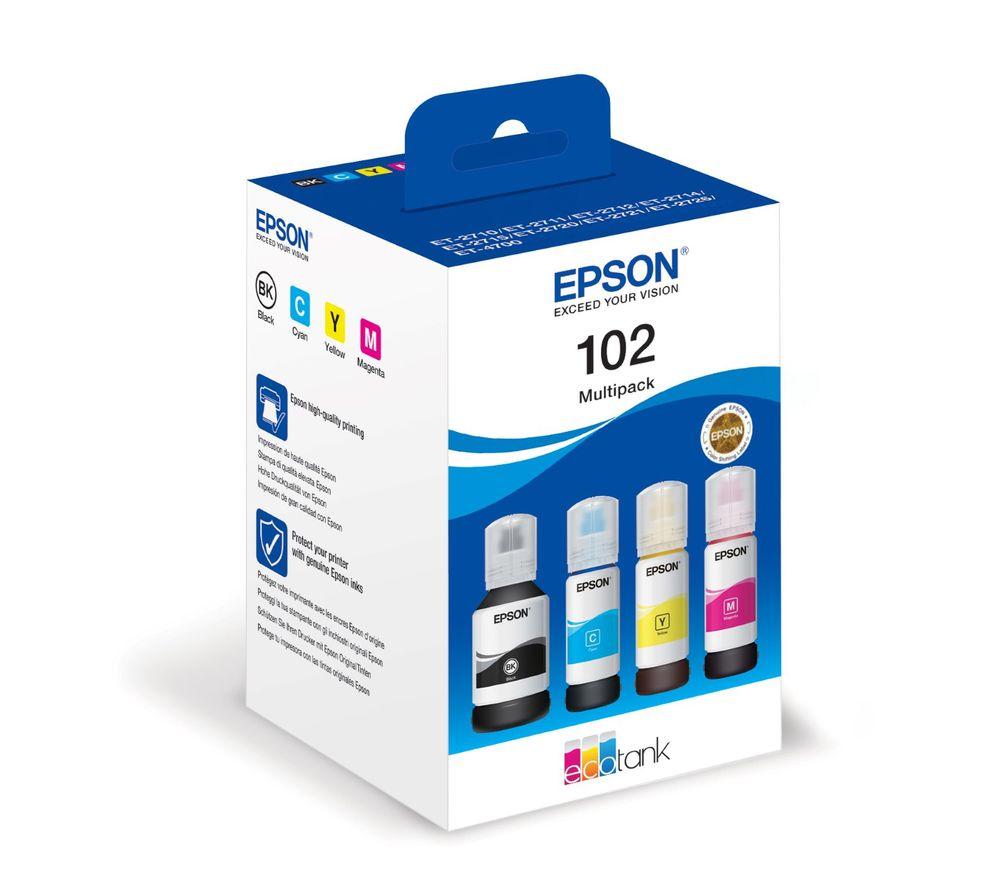 Epson 102 Ecotank Cyan, Magenta, Yellow & Black Ink Bottles, Black,Yellow,Cyan,Magenta