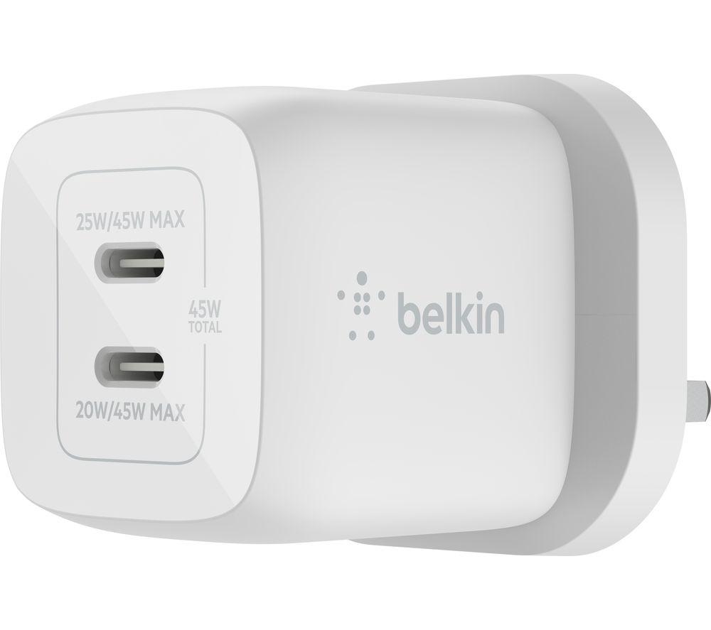 Belkin 45W Dual USB Type C Wall Charger, Fast Charging Power Delivery 3.0 with GaN Technology, USB C Charger for iPhone 15, Plus, Pro, Pro Max, iPad Pro 12.9, 11, MacBook, Galaxy S24, Pixel And More