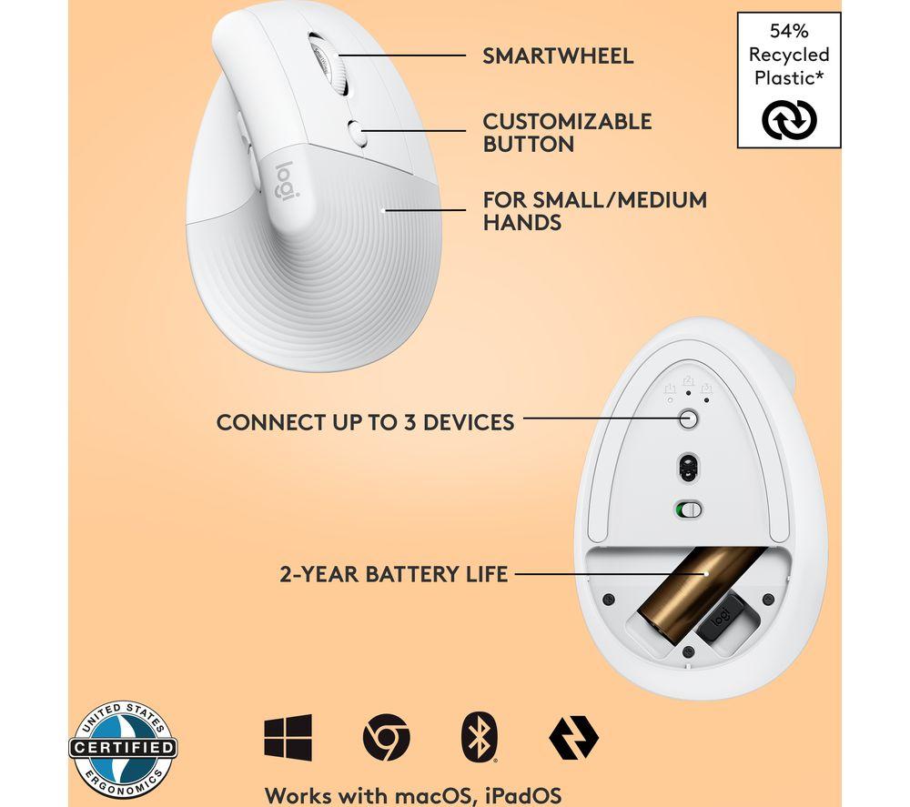 LOGITECH Lift Vertical Ergonomic Optical Mouse - White image number 6 of 10