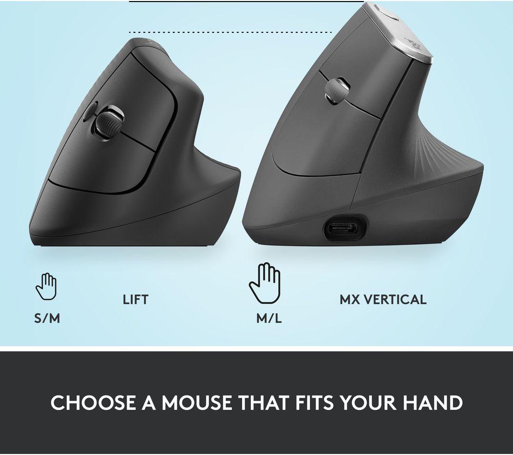 Logitech Lift Vertical Ergonomic Mouse, Wireless, Bluetooth or