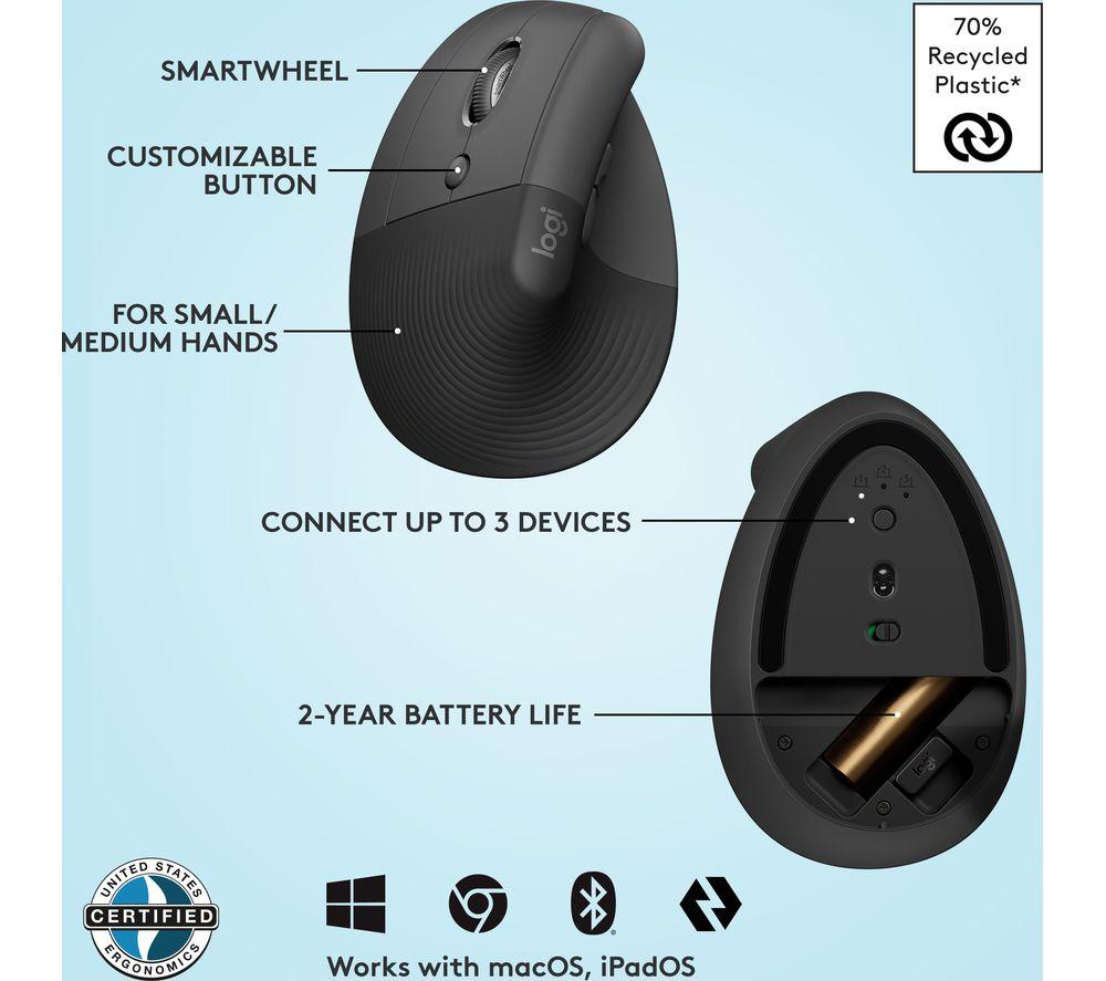 LOGITECH Lift Vertical Ergonomic Optical Mouse - Graphite, Left-Handed image number 6 of 9