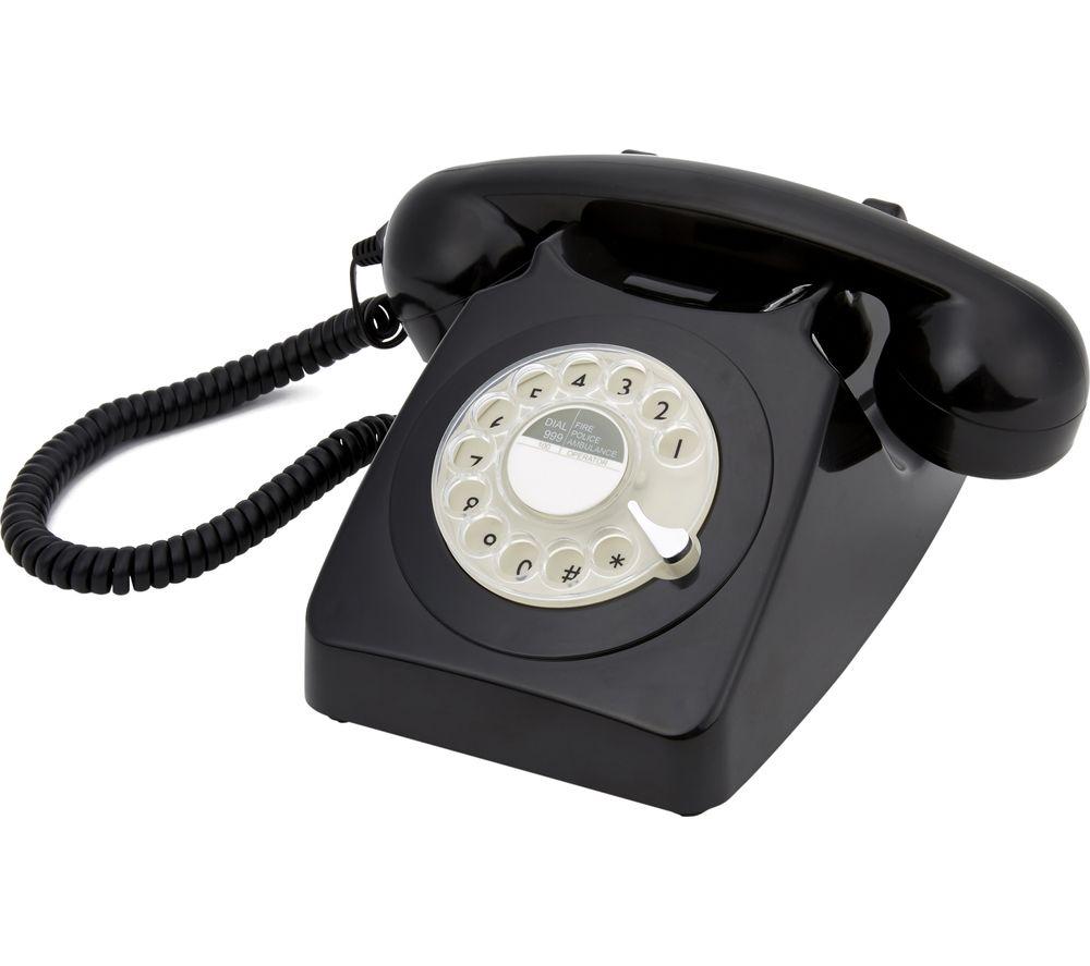 GPO 746 Rotary 1970s-Style Retro Landline Telephone, Classic Telephone with Ringer On/Off Switch, Curly Cord, Authentic Bell Ring for Home, Hotels- Black