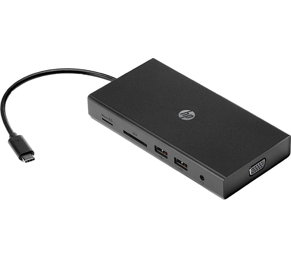 HP Travel USB-C Multi Port Hub, USB-C Pass Through Charging, 1 Gbps RJ45 Ethernet Port, Simultaneous HDMI and VGA Connections, Multiple USB, SD, Micro SD Ports - Black