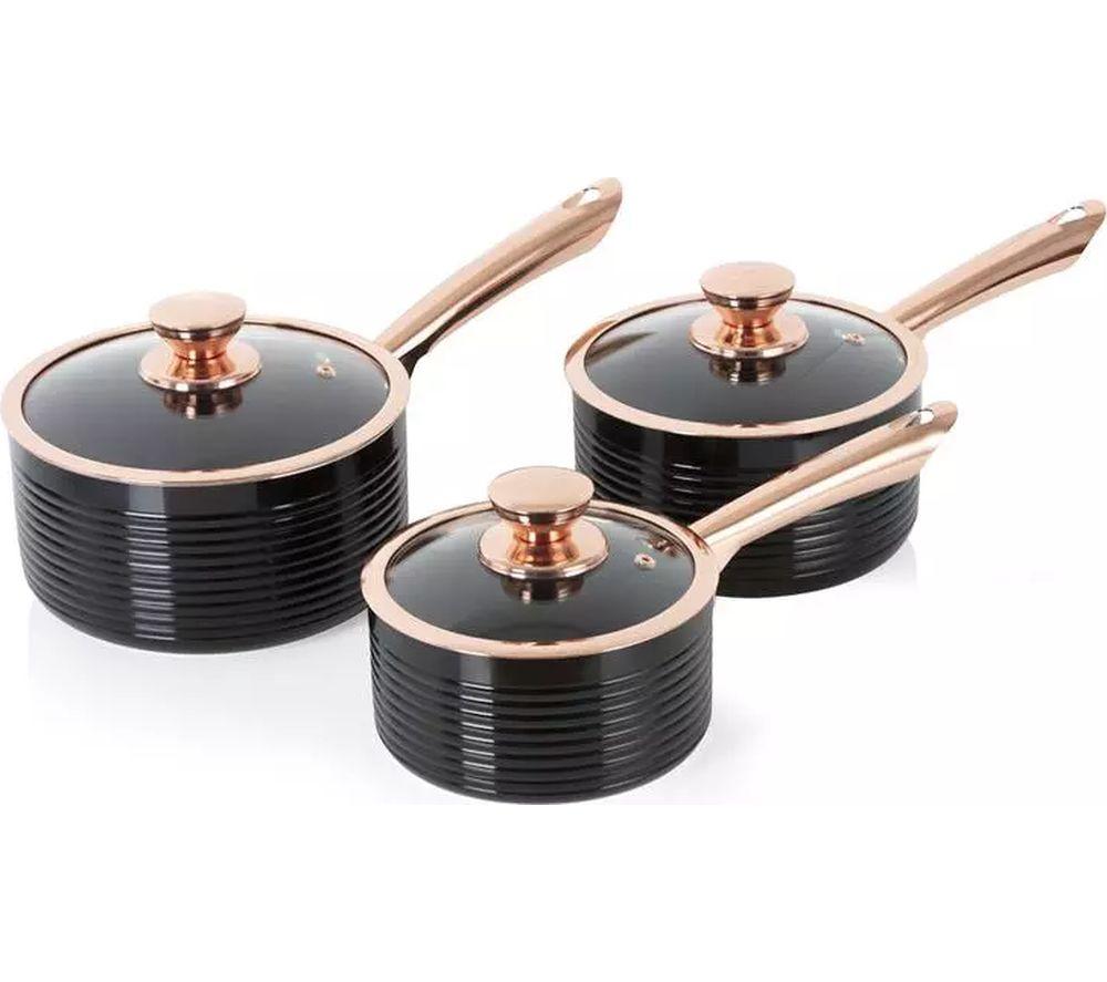 Tower Linear Induction Pots And Pans Sets, Non Stick Cerasure Coating,  Black And Rose Gold, 5 Piece, 16/18/20cm Saucepans, 24/28 cm Frying Pans