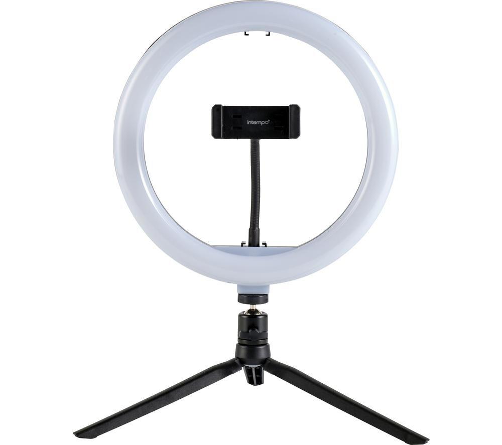 Intempo EE5977RGBBLKSTKEU7 Small Ring Light – with Mobile Phone Tripod Stand, Desk LED Selfie Light for Streaming, Vlogging, Photos, Multicolour & White Lights, Fold Away Feet, Compact Storage, 26 cm
