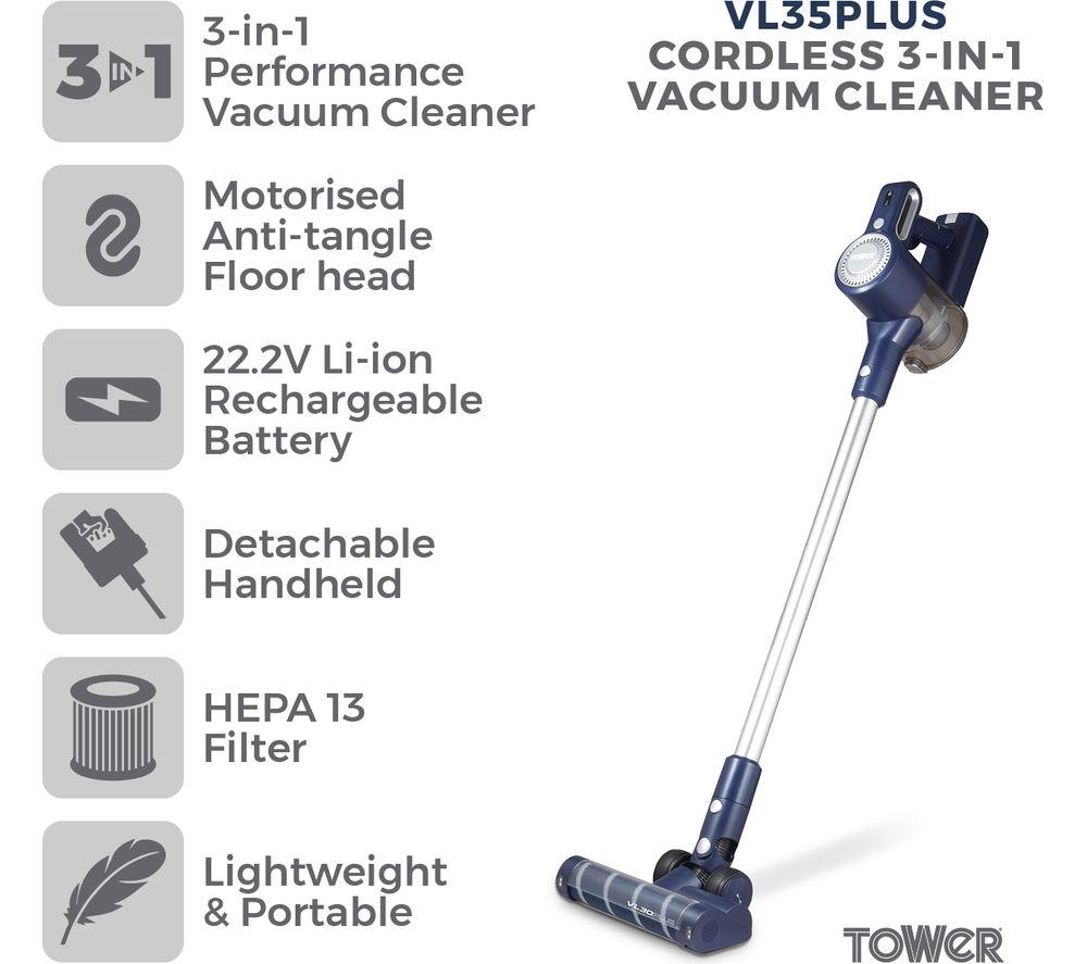 TOWER Plus Anti-Tangle 3-in-1 VL35 Cordless Vacuum Cleaner - Blue & Silver image number 3 of 16