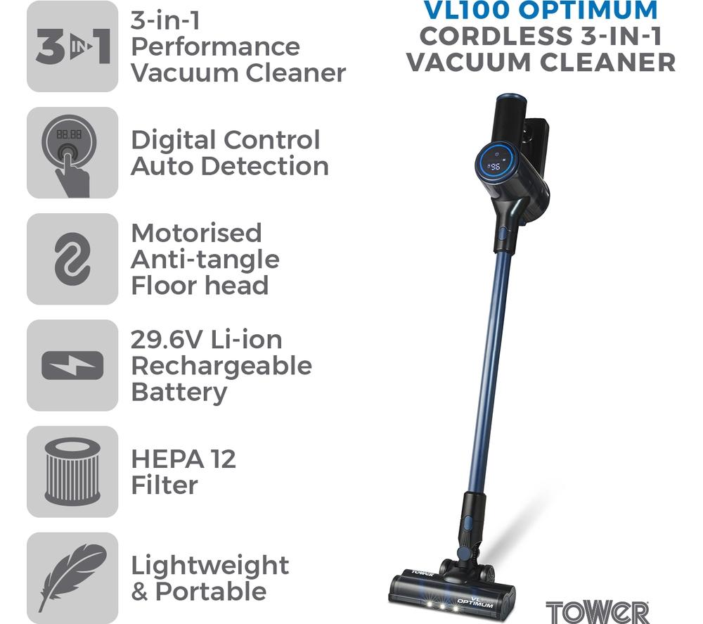 TOWER Optimum 3-in-1 VL100 Cordless Vacuum Cleaner - Blue & Black image number 3 of 12
