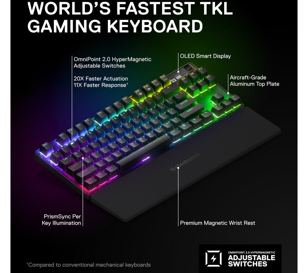 new steelseries apex pro tkl 2023 ed.- world's fastest mechanical gaming  keyboard - adjustable actuation - esports tenkeyless - oled screen - rgb -  pbt keycaps - usb-c,black 