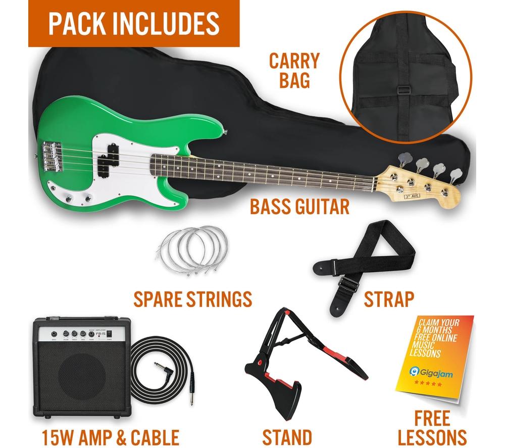 3RD AVENUE Full Size 4/4 Electric Bass Guitar Bundle - Green image number 3 of 6