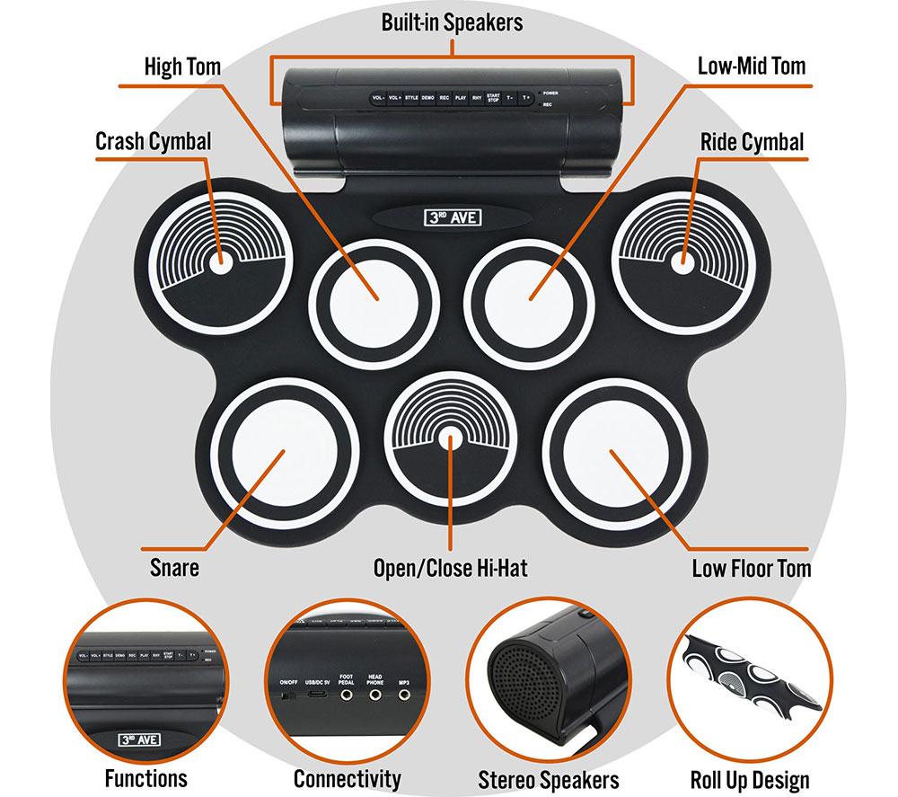 3RD AVENUE Roll Up Portable Electronic Drum Kit - Black image number 4 of 6