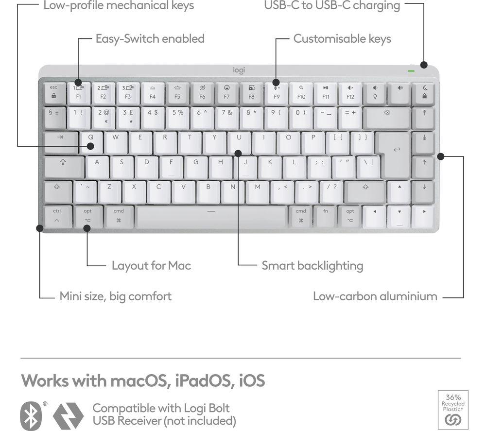 LOGITECH MX Mechanical Mini for Mac Tactile Quiet Wireless Keyboard - Pale Grey image number 6 of 12