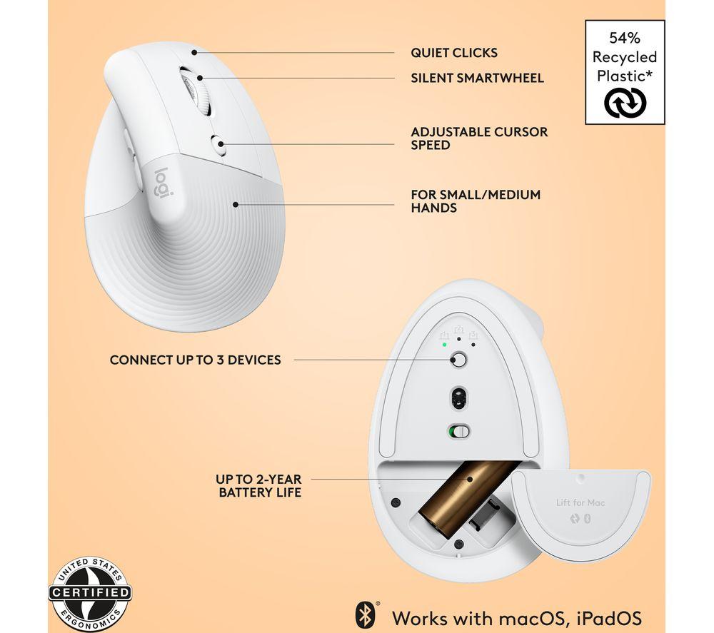 LOGITECH Lift Vertical For Mac Wireless Optical Ergonomic Mouse - Space Grey image number 6 of 10