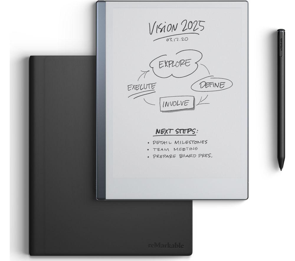 reMarkable Essentials Bundle – Black | reMarkable 2 Paper Tablet | Includes 10.3” reMarkable Tablet, Marker Plus Pen with Eraser, Book Folio Cover in Black Leather, and 1-Year Free Connect Trial