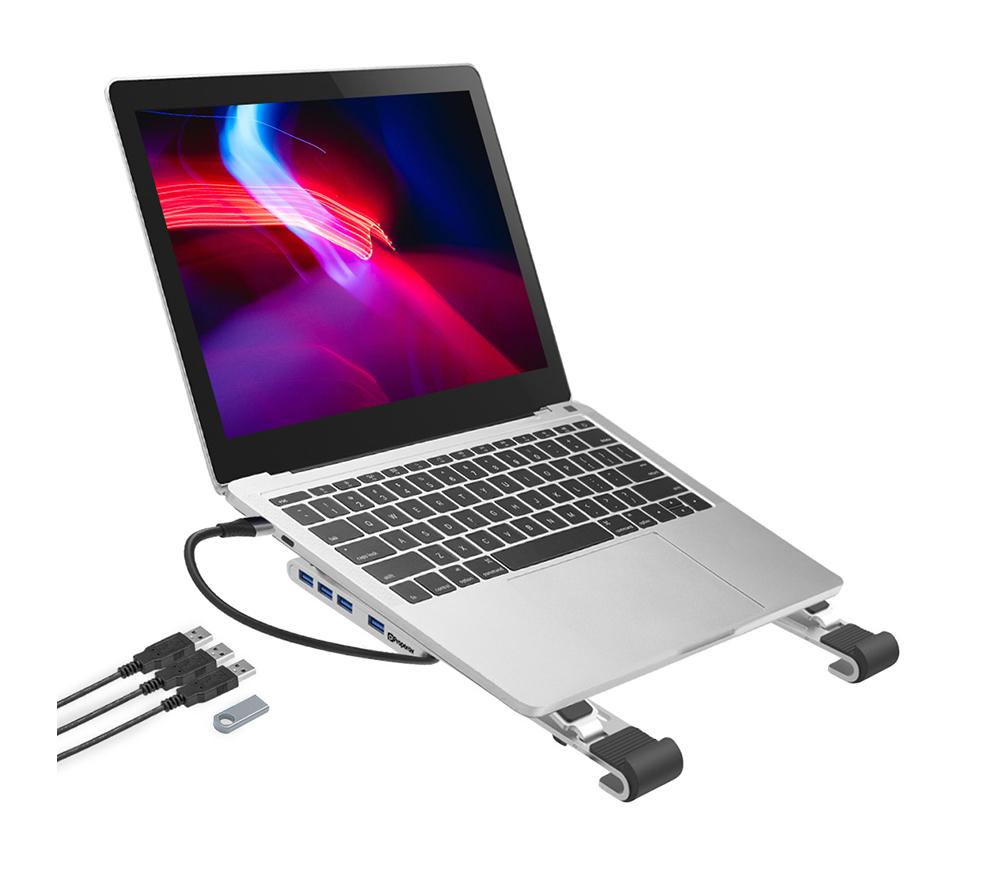Properav Portable Aluminium Laptop Stand with 100W PD USB-C Charging Hub & 4 x USA-A Ports for Dell, Toshiba, HP, Samsung, MacBook, Lenovo Secure Fit Pads