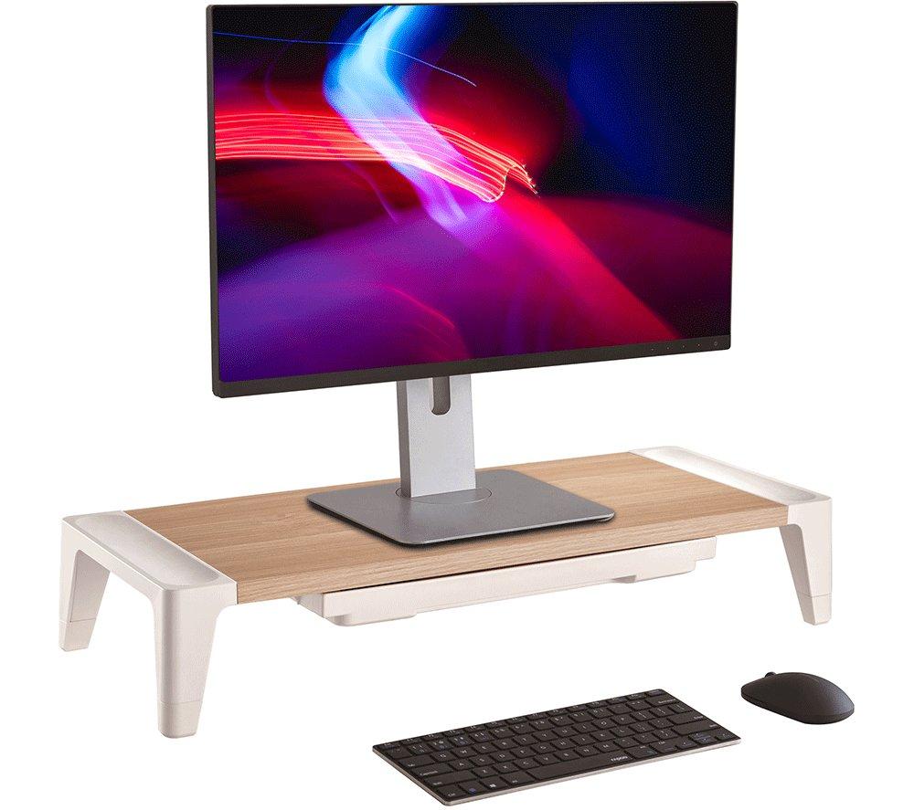 Properav Universal Computer Monitor Desk Riser Stand with Drawer Storage for PC TV Laptop - Wood Effect