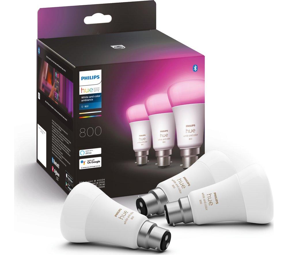 Image of PHILIPS HUE White & Colour Ambiance Smart LED Bulb with Bluetooth - B22, 800 Lumens, 3-Pack