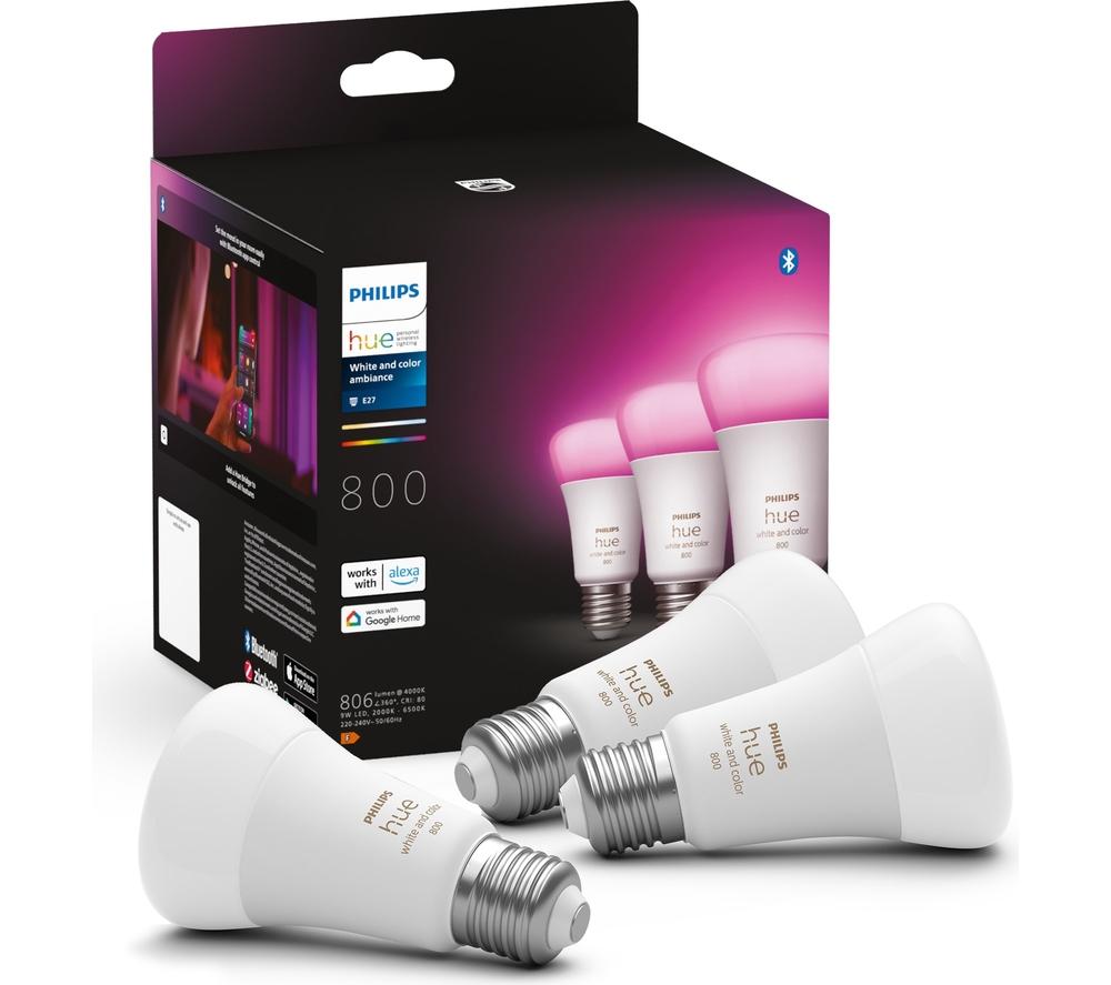 PHILIPS HUE White & Colour Ambiance Smart LED Bulb with Bluetooth - E27, 800 Lumens, Triple Pack