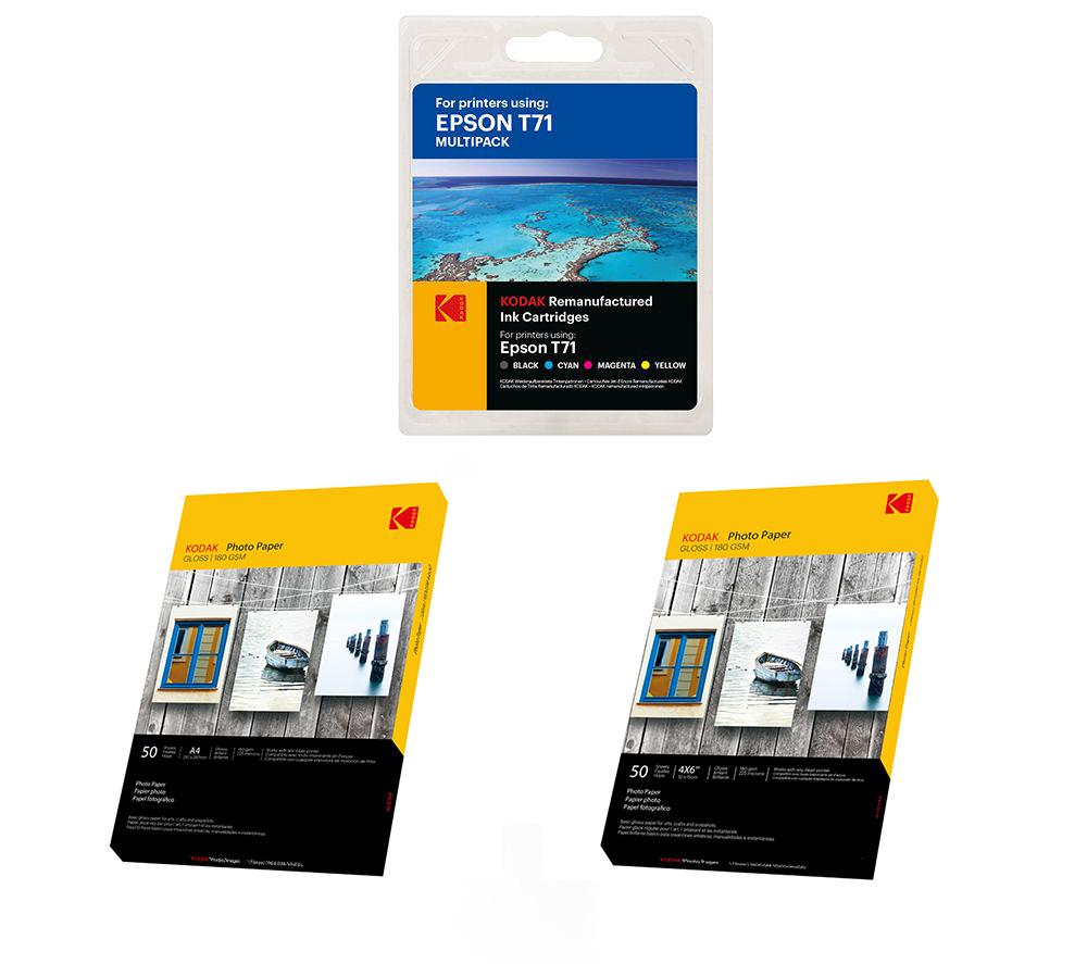 KODAK Remanufactured Epson T71 Black, Cyan, Magenta & Yellow Ink Cartridges Multipack & Photo Paper 