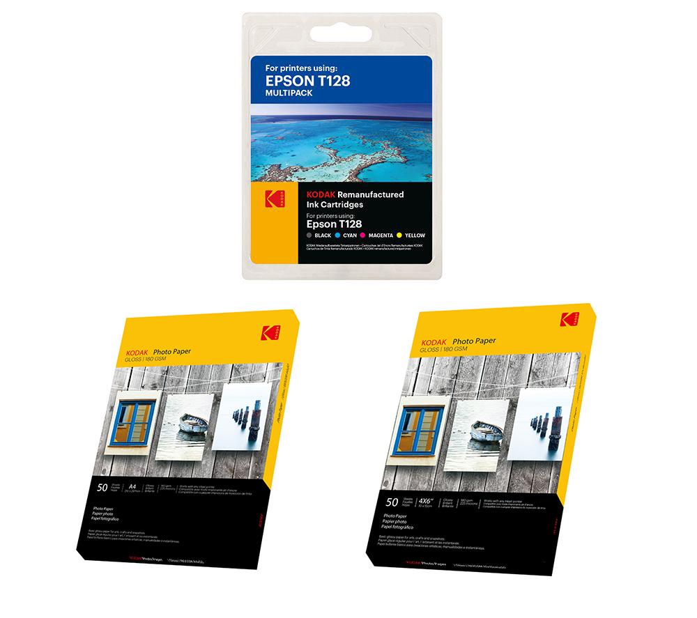 KODAK Remanufactured Epson T128 Black, Cyan, Magenta & Yellow Ink Cartridges Multipack & Photo Paper