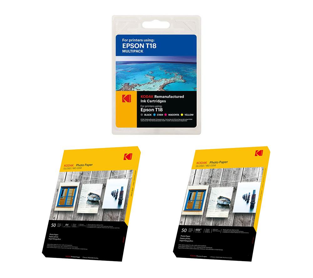 KODAK Remanufactured Epson T18 Black, Cyan, Magenta & Yellow Ink Cartridges Multipack & Photo Paper 