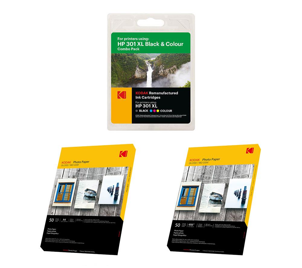 KODAK Remanufactured HP 301 XL Black & Tri-colour Ink Cartridges Multipack & Photo Paper Bundle review