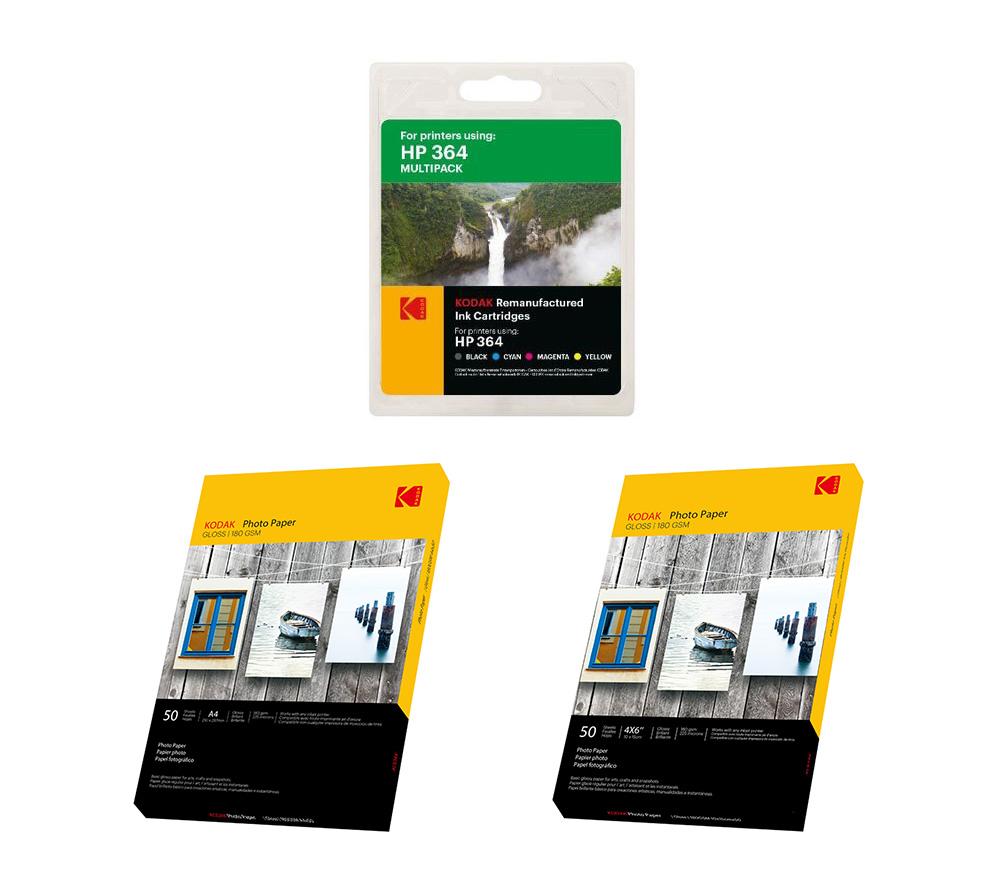 KODAK Remanufactured HP 364 Black, Cyan, Magenta & Yellow Ink Cartridges Multipack & Photo Paper Bun
