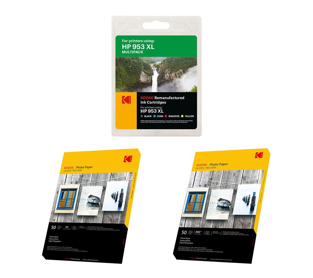 KODAK Remanufactured HP 953 XL Black, Cyan, Magenta & Yellow Ink Cartridges Multipack & Photo Paper 