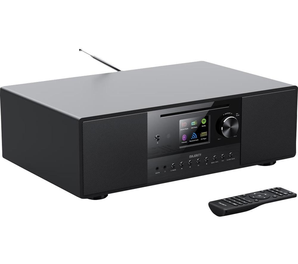 Internet Radio with DAB+ and CD Player | 120W 2.1 Stereo System with Inbuilt Subwoofer | Bluetooth Enabled | Spotify Connect & Podcasts | FM Radio| LED Colour Display | MAJORITY Quadriga (Black)