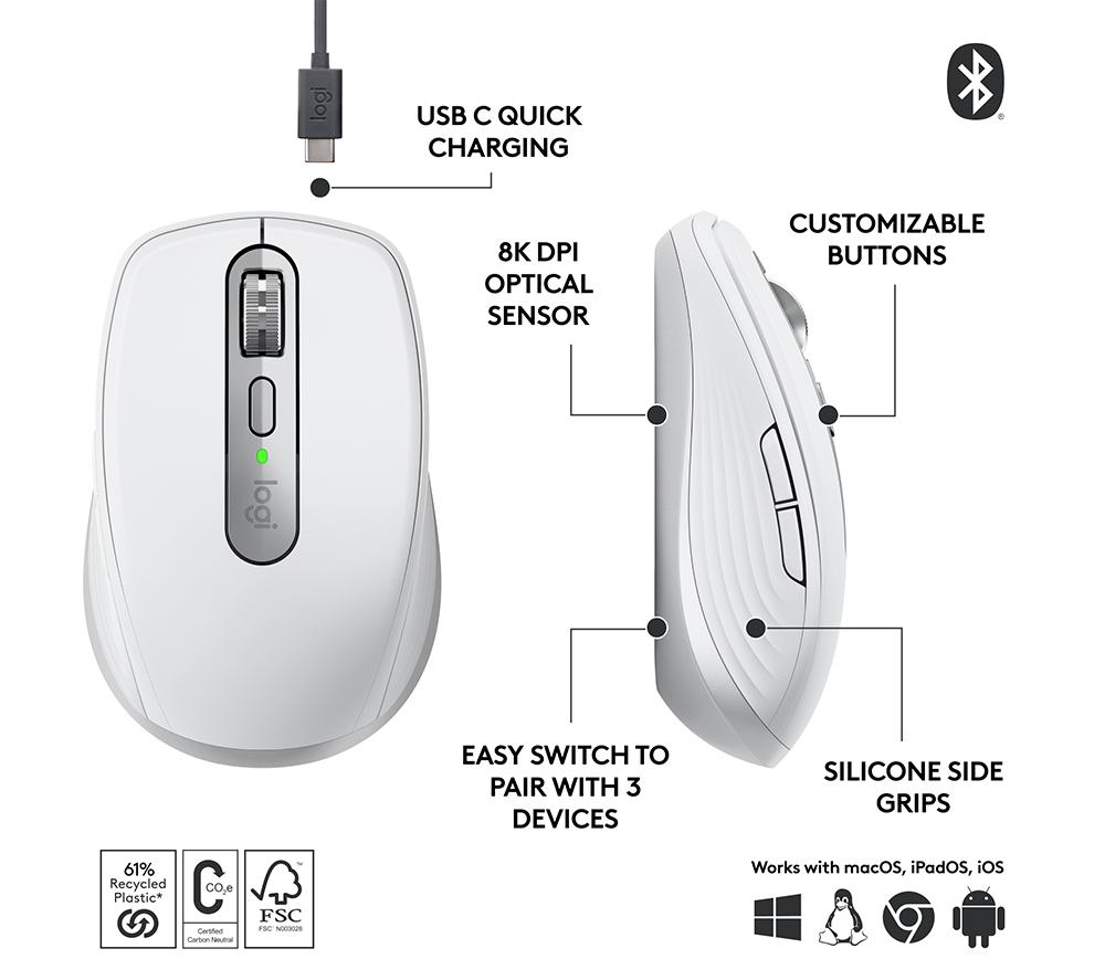 LOGITECH MX Keys Mini Wireless Keyboard & MX Anywhere 3 Wireless Darkfield Mouse - Pale Grey image number 7 of 10