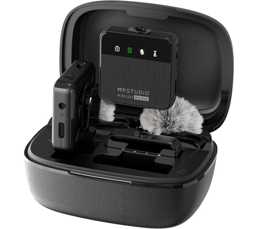 MyStudio Wireless Mic Duo • Microphone Set with Two Lavalier Lapel Microphones • Cordless • For Two Users At The Same Time • Compatible with Smartphones and Cameras • Protective Case as Charging