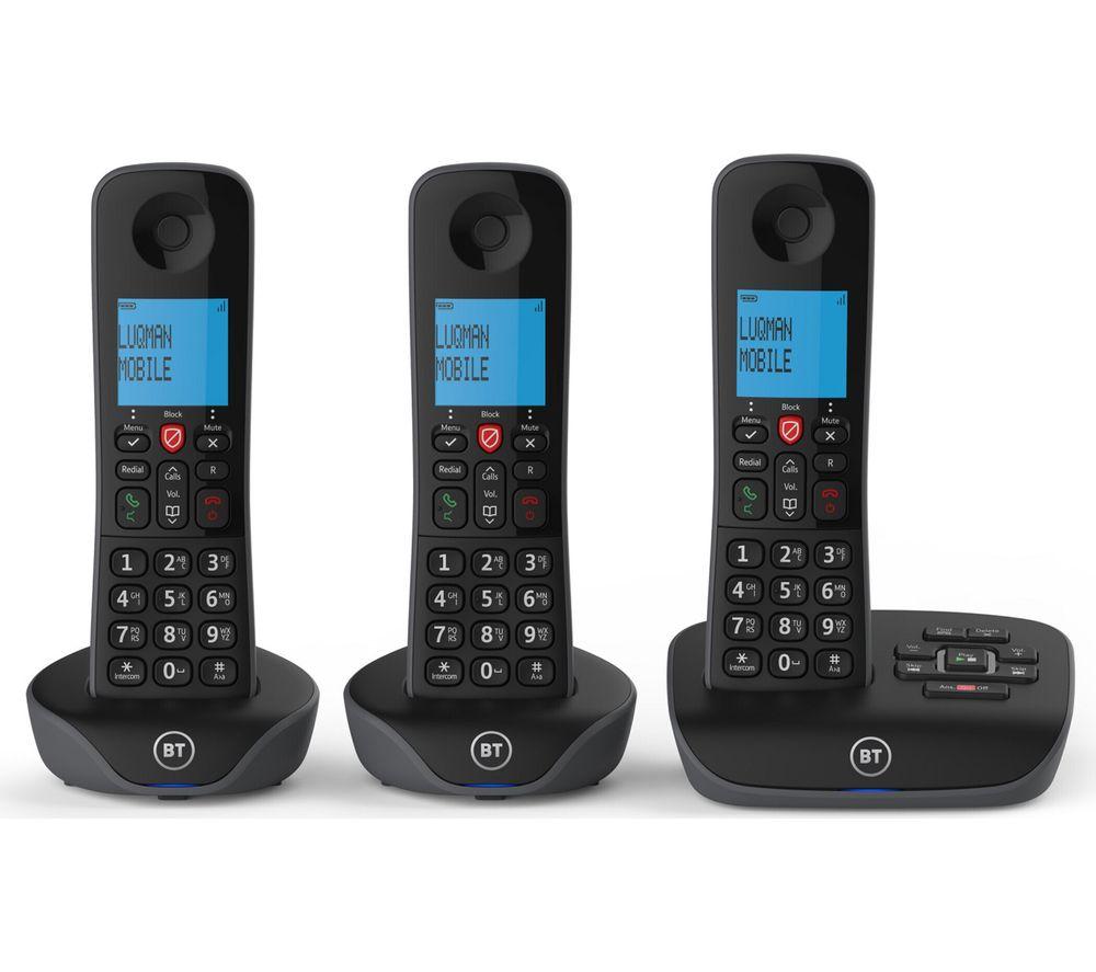 BT Essentials Cordless Phone - Triple Handsets, Black, Black