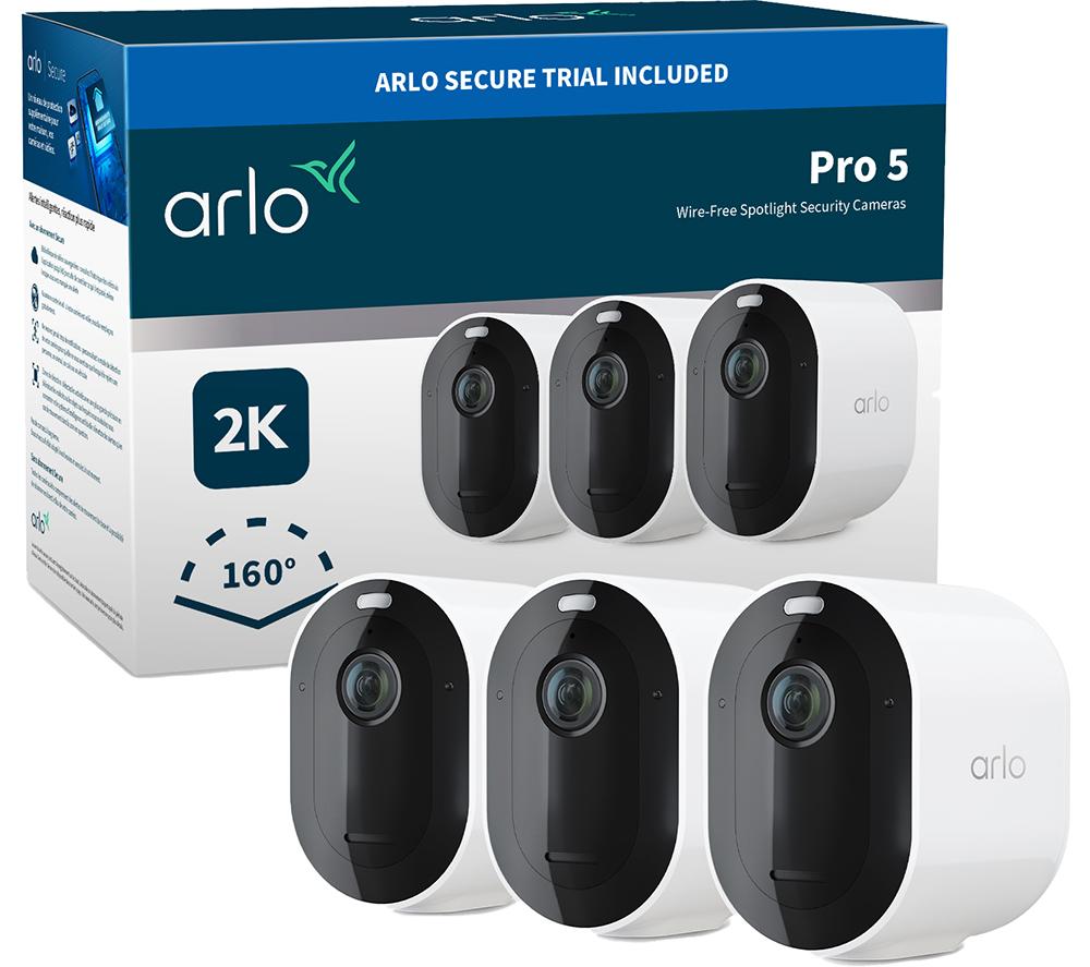 Arlo Pro 5 Security Camera Outdoor, 2K 8-Month* Battery Operated Home Outdoor Camera With Advanced Colour Night Vision, Light, Siren & Dual-Band WiFi, Arlo Secure Free Trial, 3 Cameras, White