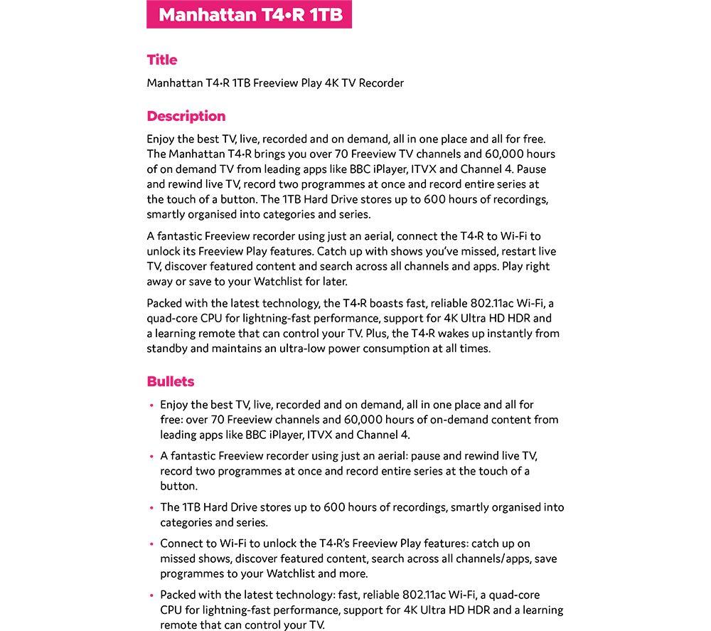 MANHATTAN T4-R Freeview Play 4K Ultra HD Digital TV Recorder - 1 TB image number 8 of 8