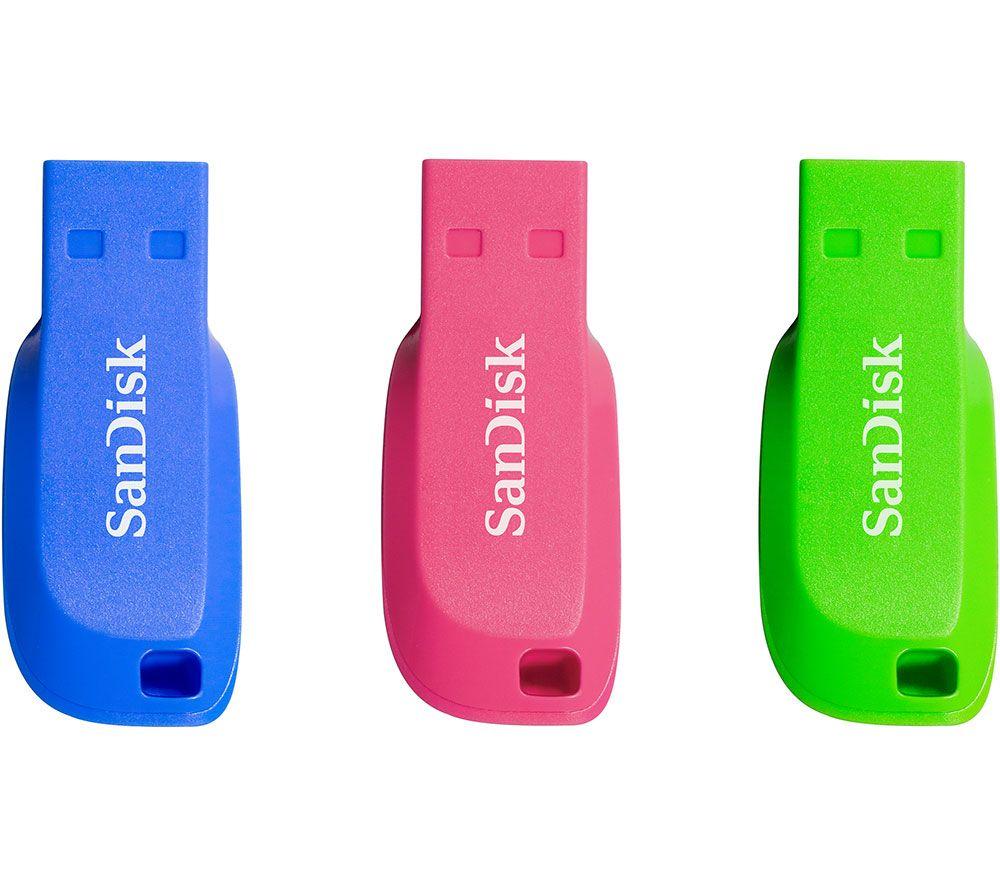 SANDISK Cruzer Blade USB 2.0 Memory Stick - 32 GB, Pack of 3, Pink,Blue,Green