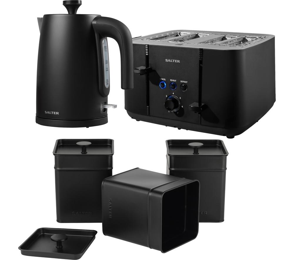 SALTER Kuro Kettle, 4-Slice Toaster & Storage Cannister Set Bundle - Black