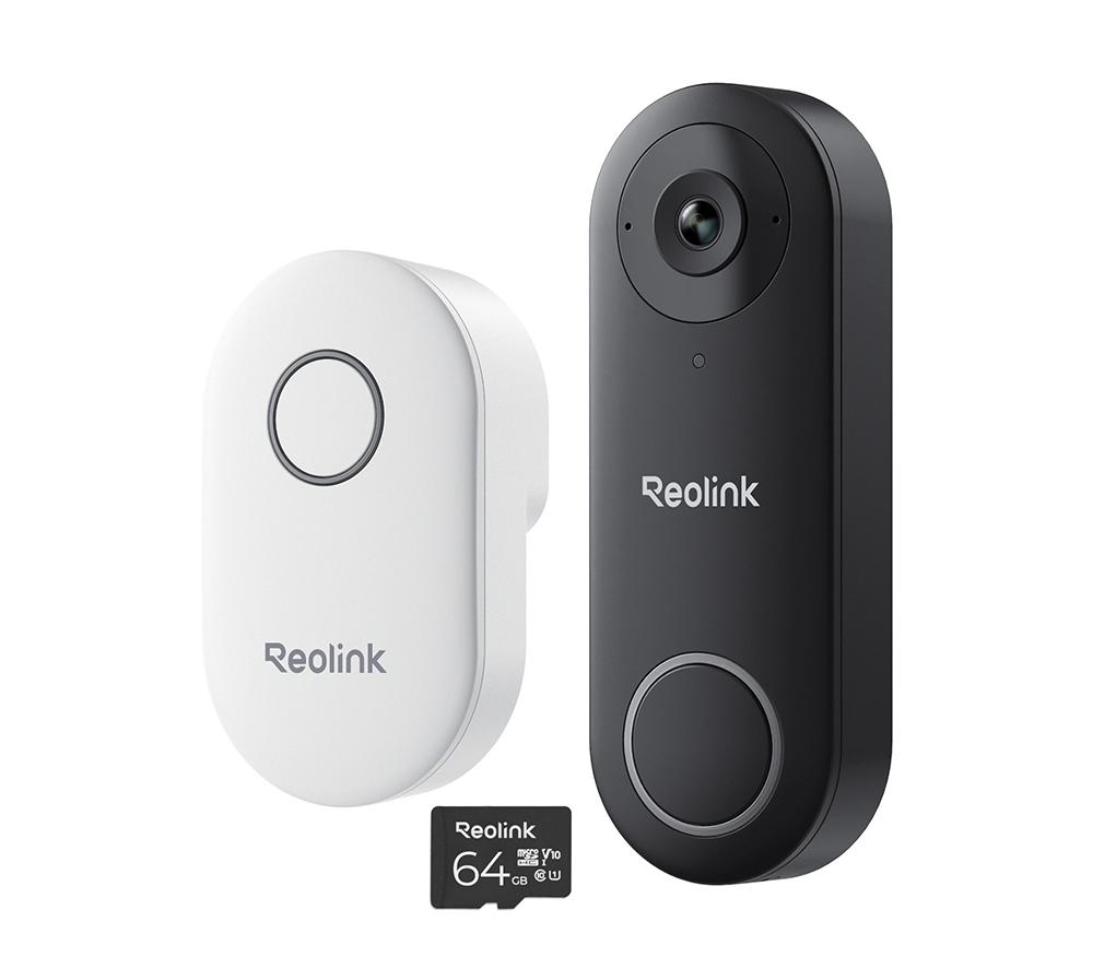 Reolink D340w 2K Wifi Video Doorbell, Chime & 64 Gb Memory Card - Black, Black,White