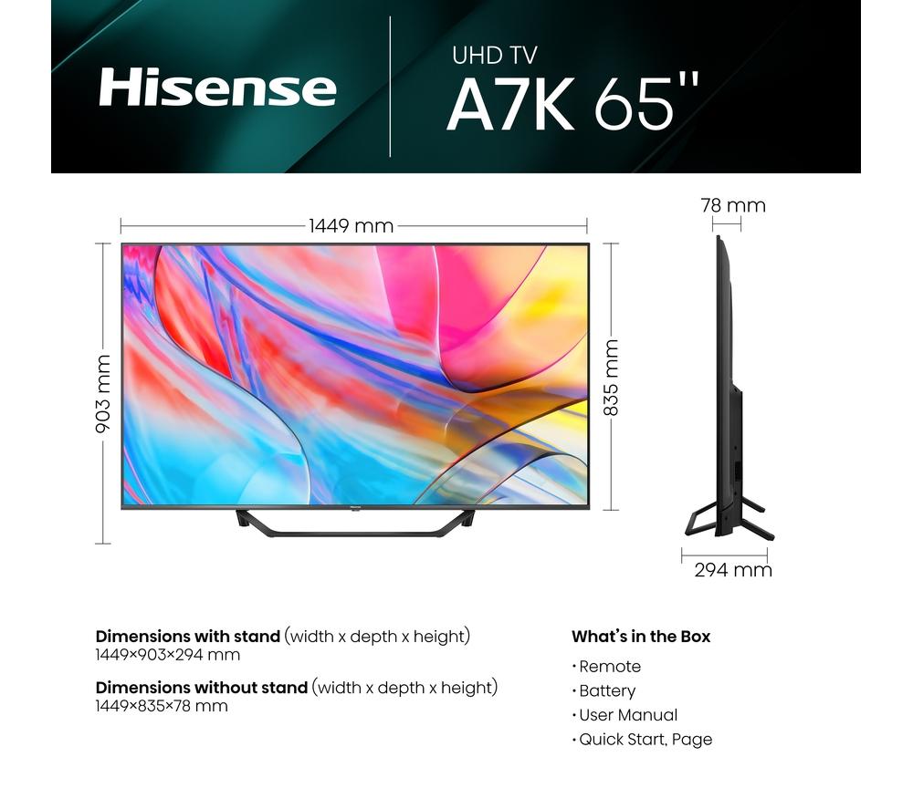 HISENSE 65A7KQTUK 65 Smart 4K Ultra HD HDR QLED TV with  Alexa