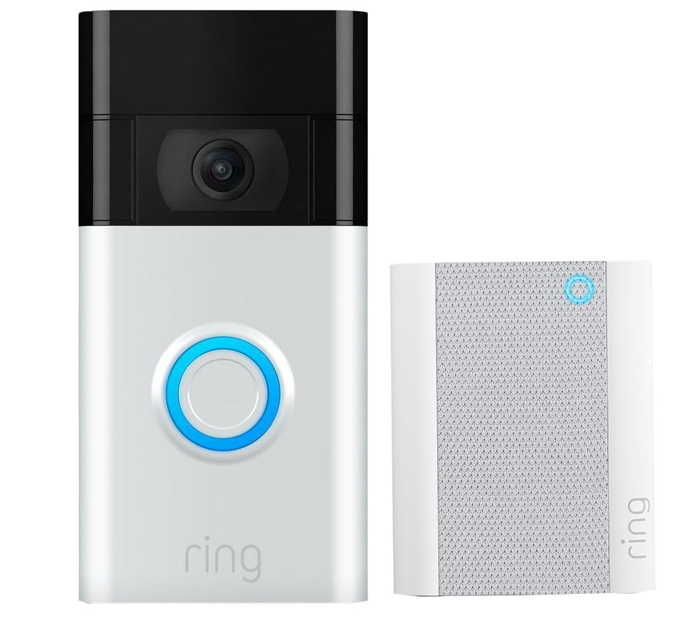 Ring Video Doorbell (2nd Gen, Satin Nickel) & Chime (2nd Gen) Bundle, Silver/Grey
