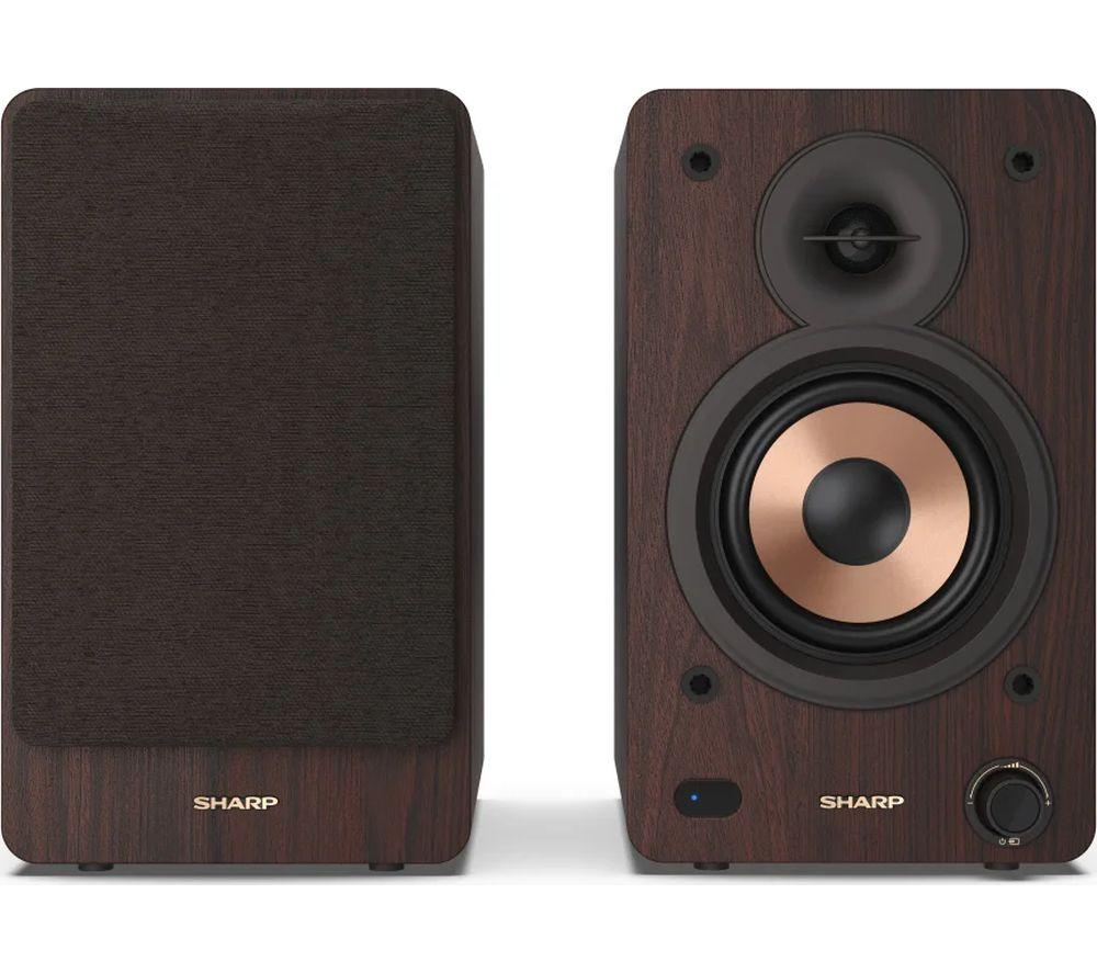 Sharp CP-SS30(BR) 60W RMS (2x 30W) 2-way Active Bookshelf Speakers - Wireless Studio Monitors with Bluetooth v5.0 Audio Streaming, USB Playback, Optical, AUX & RCA input - Brown