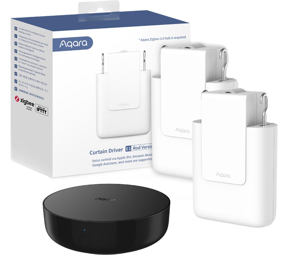 AQARA Smart Curtain Driver E1 Starter Kit with Aqara Smart Hub M2 - Rod, Twin Pack, Black,White