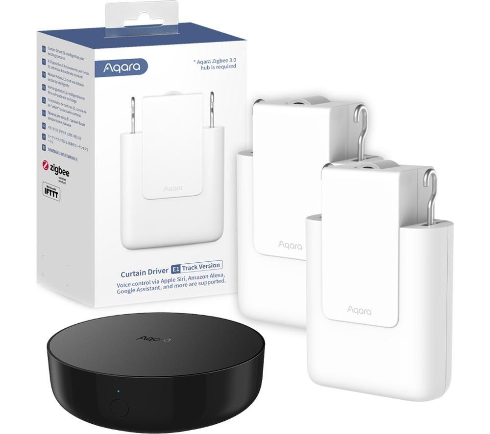 AQARA Smart Curtain Driver E1 Starter Kit with Aqara Smart Hub M2 - Track, Twin Pack, Black,White