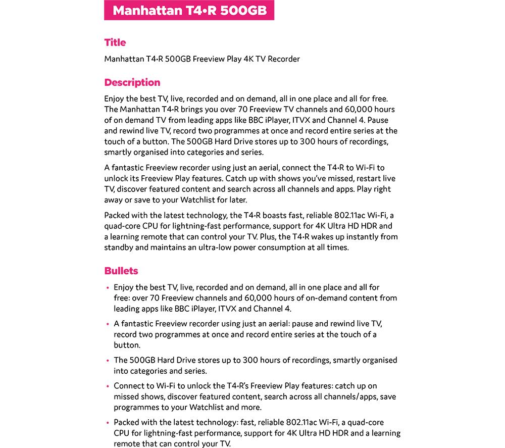 MANHATTAN T4-R Freeview Play 4K Ultra HD Digital TV Recorder - 500 GB image number 8 of 8
