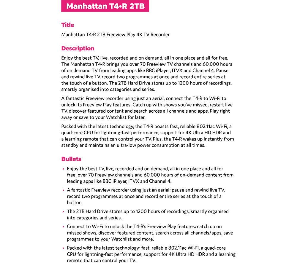 MANHATTAN T4-R Freeview Play 4K Ultra HD Digital TV Recorder - 2 TB image number 8 of 8