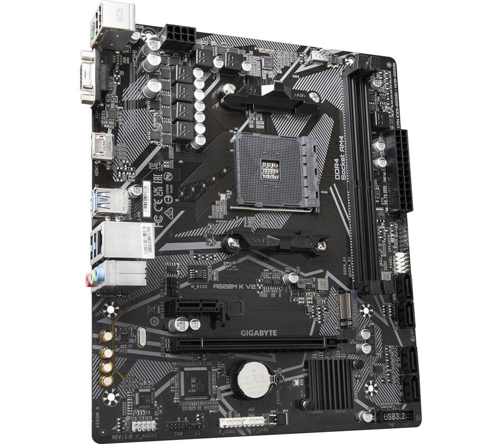 Gigabyte A520M K V2 Motherboard - Supports AMD Ryzen 5000 Series AM4 CPUs, up to 5100MHz DDR4 (OC), PCIe Gen3 x4 M.2, GbE LAN, USB 3.2 Gen 1